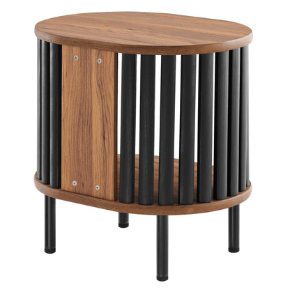 Round walnut wood side table with black vertical slats and slim legs, mid-century modern style.