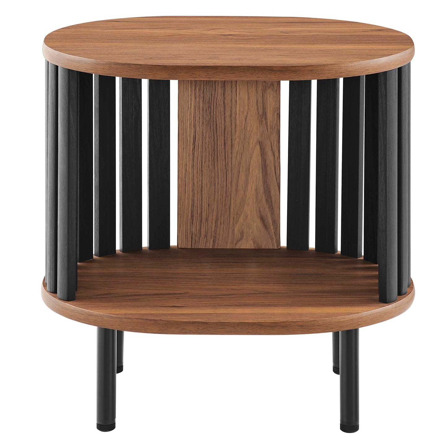 Round walnut wood end table with black vertical slats and two-tier shelves.