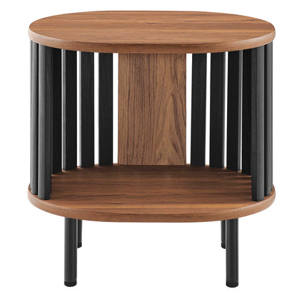 Round walnut wood end table with black vertical slats and two-tier shelves.