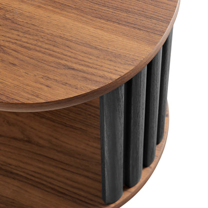 Round black wood side table with vertical slat supports and a lower shelf.