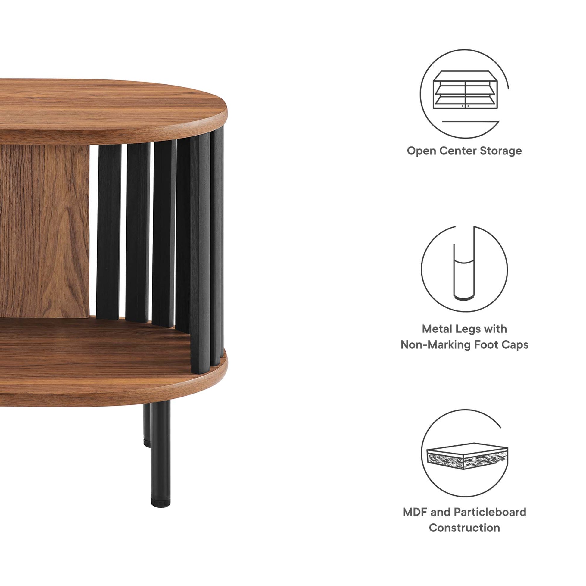 Round black side table with open center storage, black metal slats and non-marking feet; MDF and particleboard construction