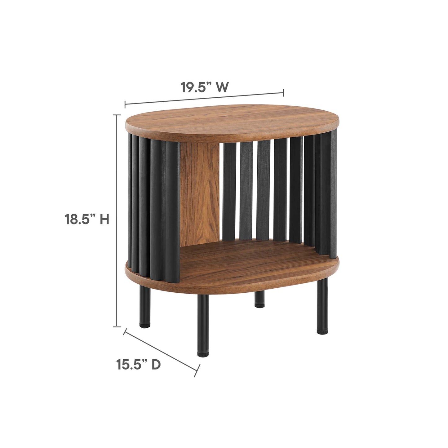 Round walnut end table with black vertical slats, two-tier shelves, modern mid-century style.