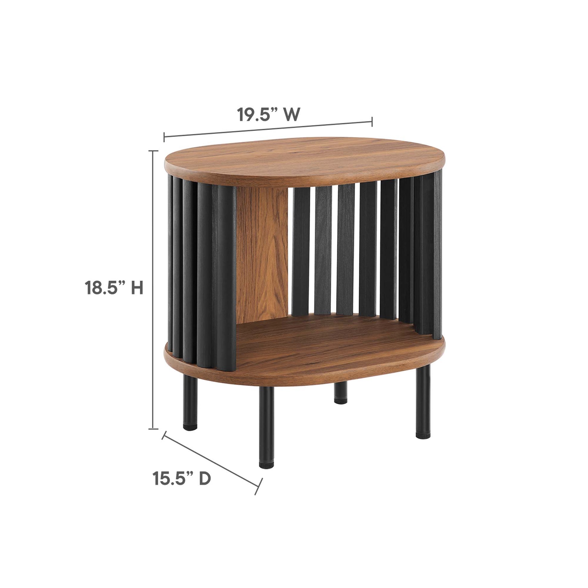 Round walnut end table with black vertical slats, two-tier shelves, modern mid-century style.