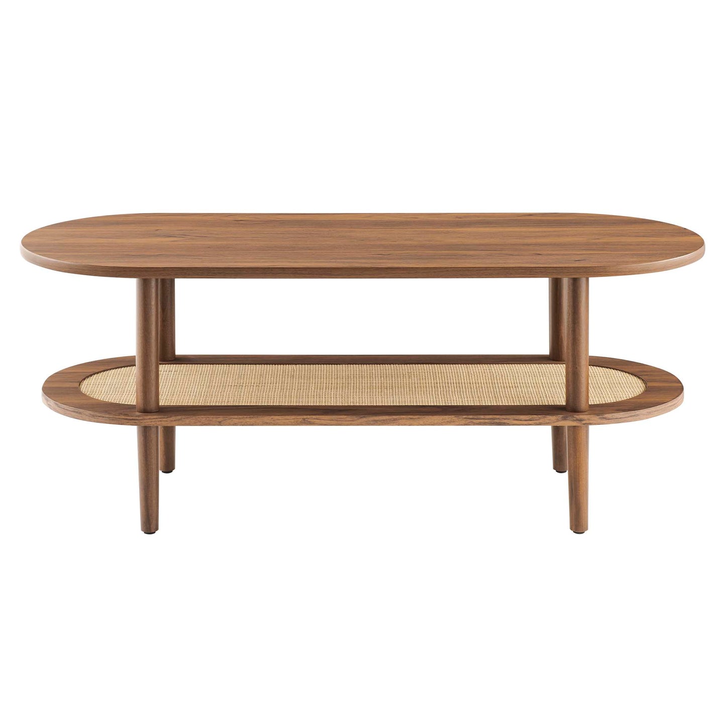 Walnut oval coffee table with two vertical supports and lower rattan-woven shelf, mid-century modern.