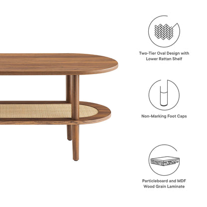 Brown oval two-tier coffee table with a lower rattan shelf; wood-grain laminate, non-marking feet.