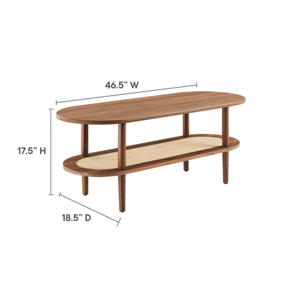 Walnut oval coffee table with two-tier design and woven lower shelf; mid-century modern living room piece