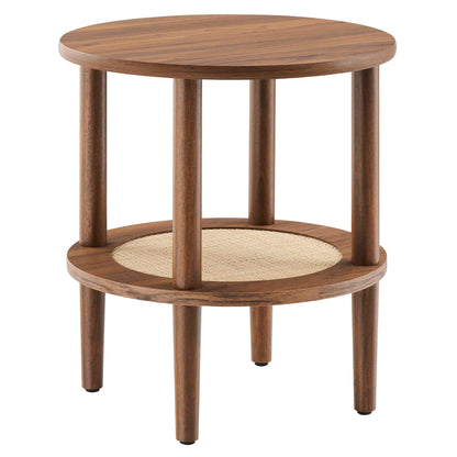 Walnut round two-tier side table with woven cane lower shelf and four cylindrical legs.