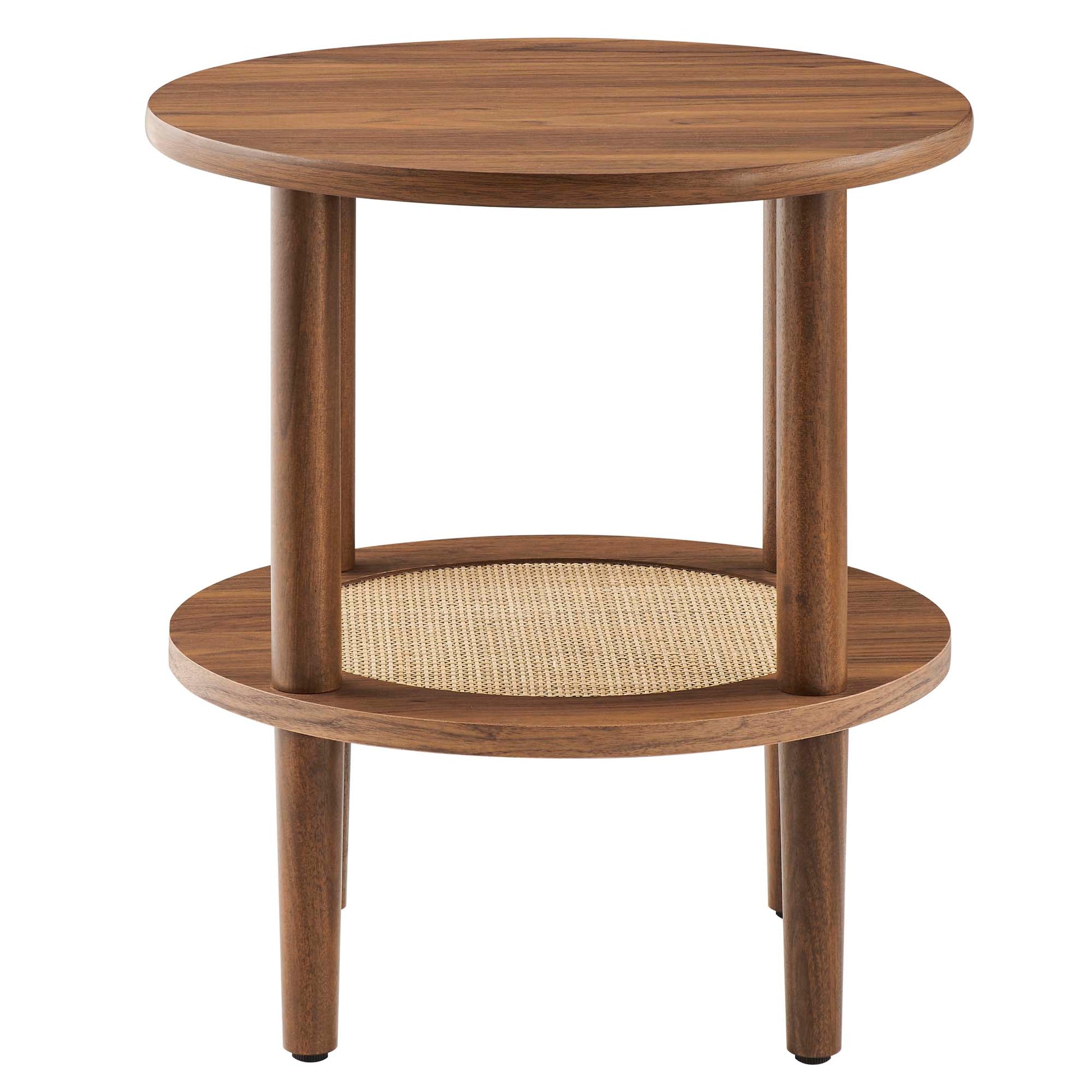 Walnut-finished round two-tier side table with woven cane lower shelf, mid-century modern style.