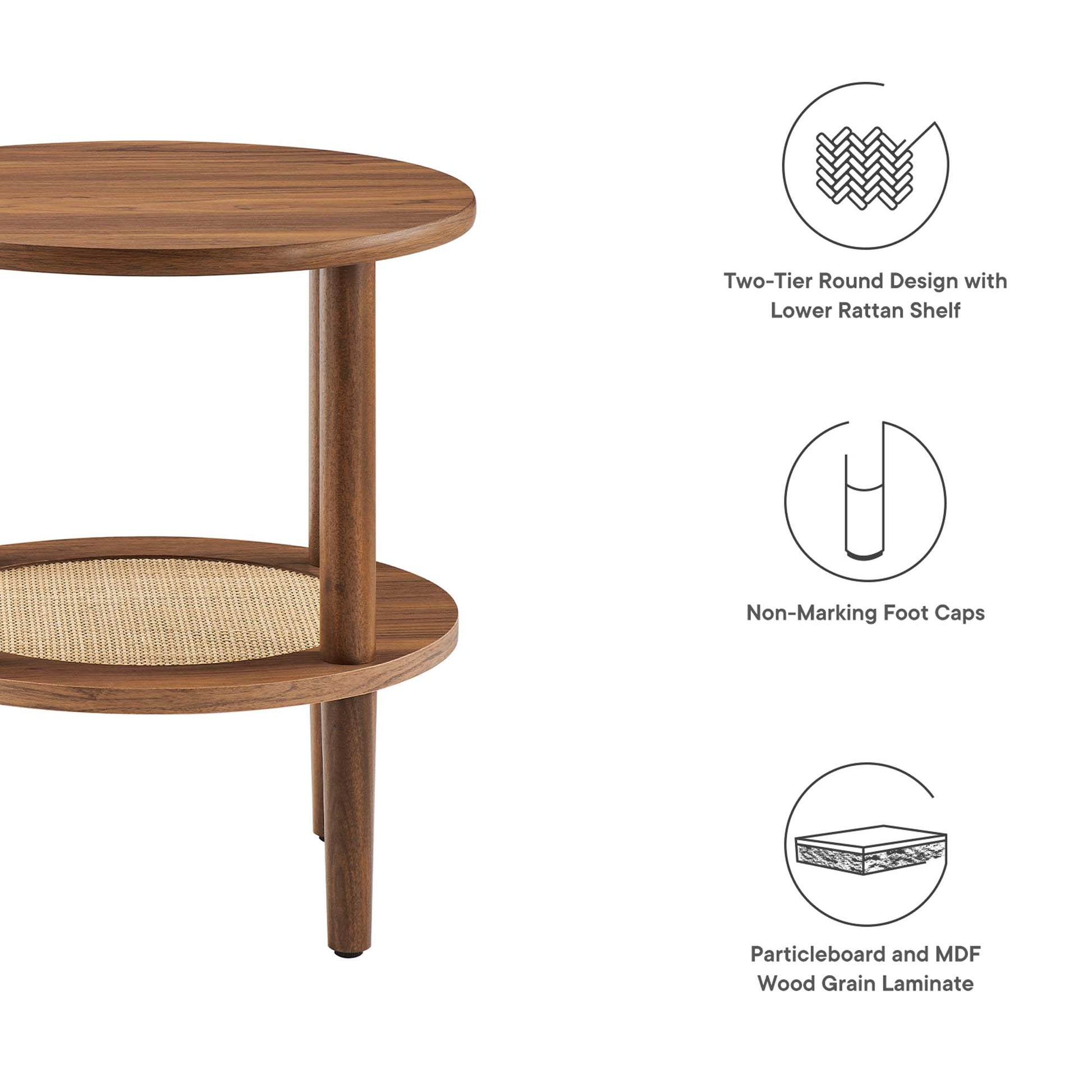 Walnut-finish two-tier round side table with a lower rattan shelf, tapered legs, and non-marking foot caps.