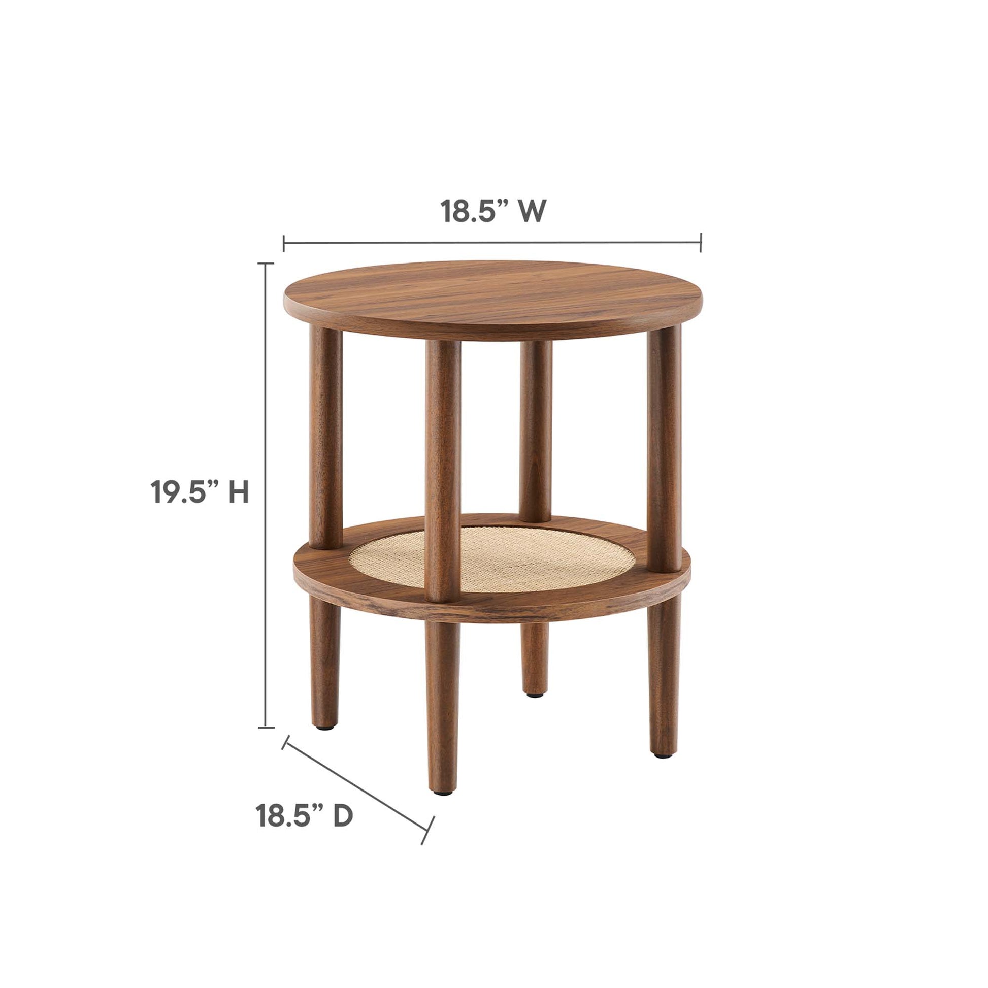 Walnut round two-tier side table with woven cane shelf; mid-century modern, 18.5W x 18.5D x 19.5H.
