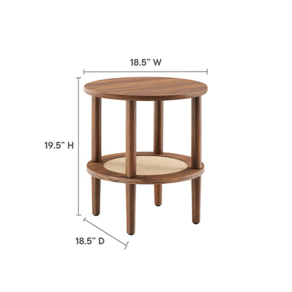 Walnut round two-tier side table with woven cane shelf; mid-century modern, 18.5W x 18.5D x 19.5H.