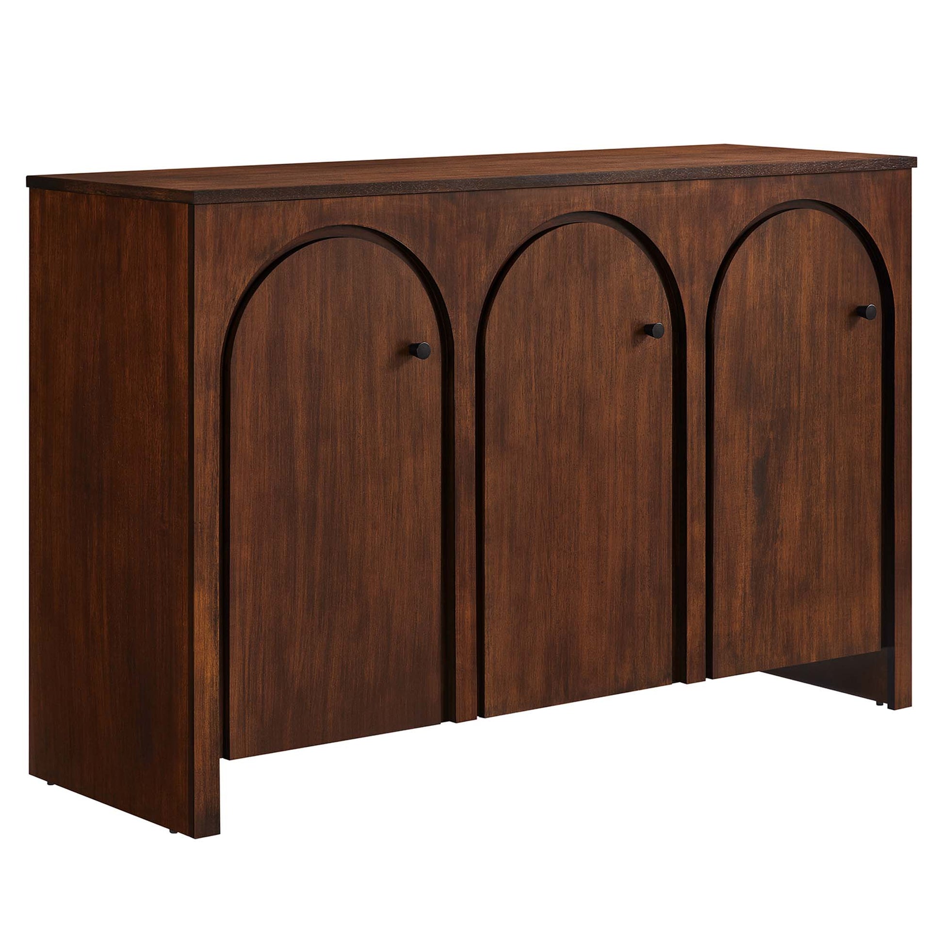 Dark walnut finish sideboard with three arched doors and small knobs for storage.