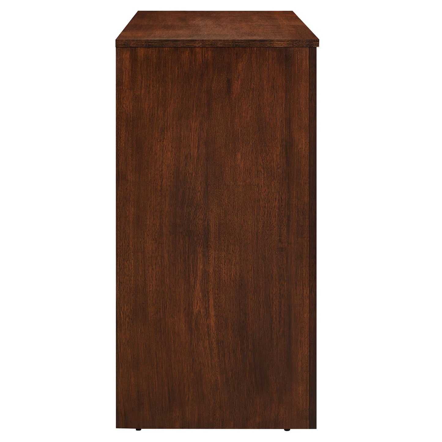 Tall walnut-finish sideboard cabinet with flat top and 3-door arched front for storage.