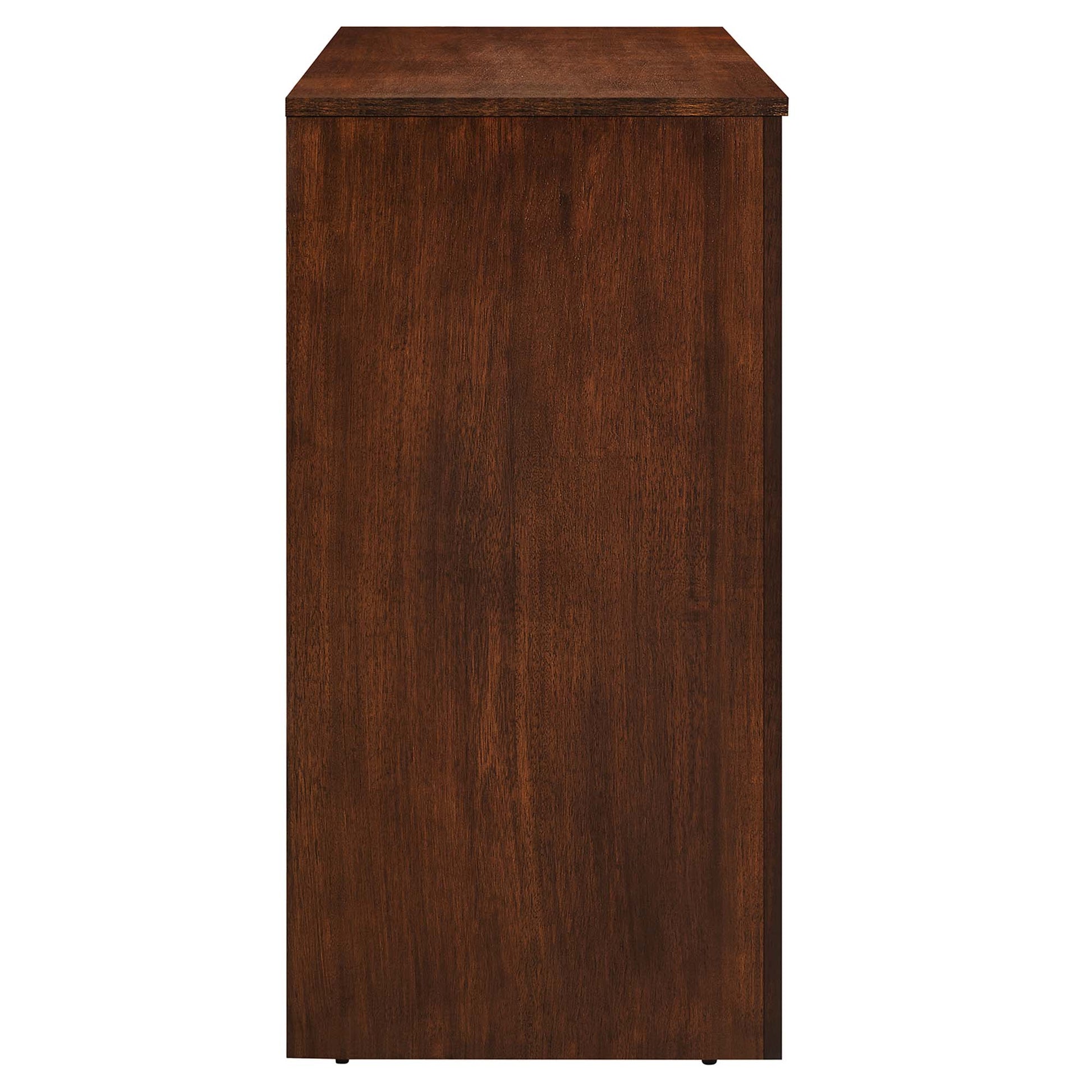 Tall walnut-finish sideboard cabinet with flat top and 3-door arched front for storage.