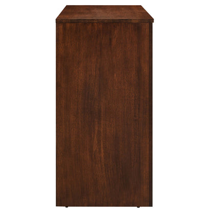 Tall walnut-finish sideboard cabinet with flat top and 3-door arched front for storage.