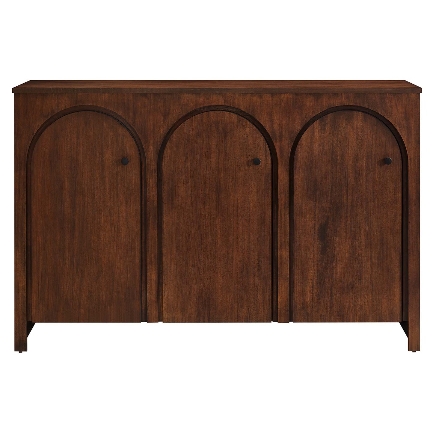 Walnut-finish wooden sideboard with three arched cabinet doors and small round knobs.