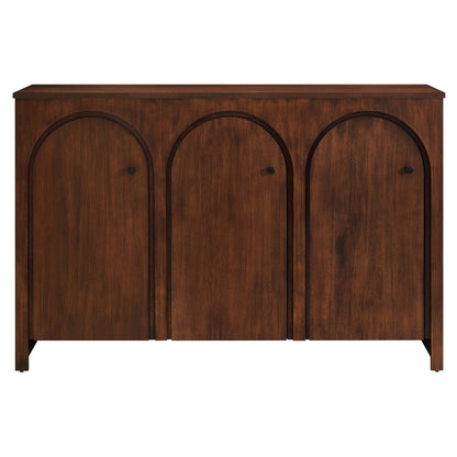 Walnut-finish wooden sideboard with three arched cabinet doors and small round knobs.