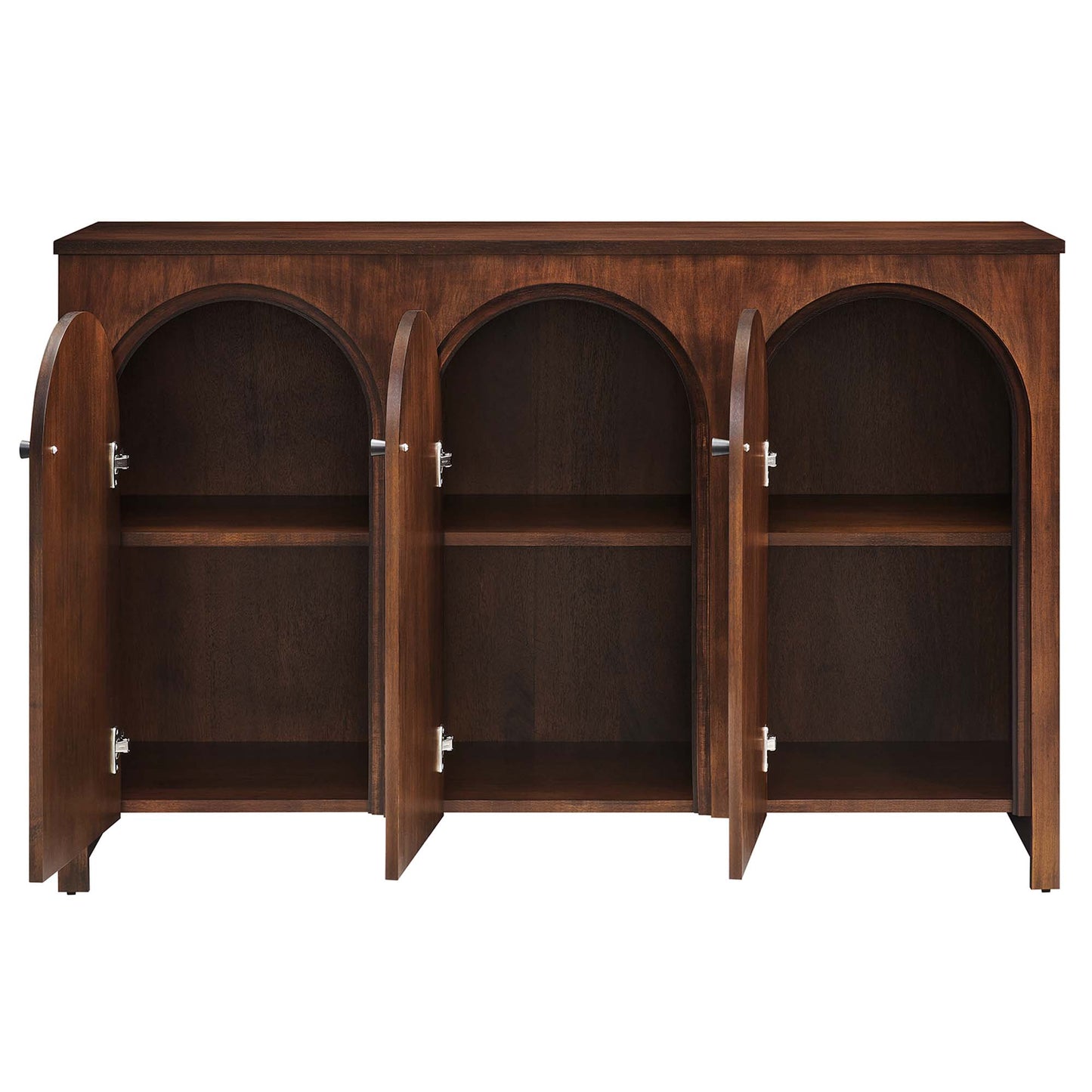 Dark walnut wood cabinet with three arched-door compartments and interior shelves for dining storage.