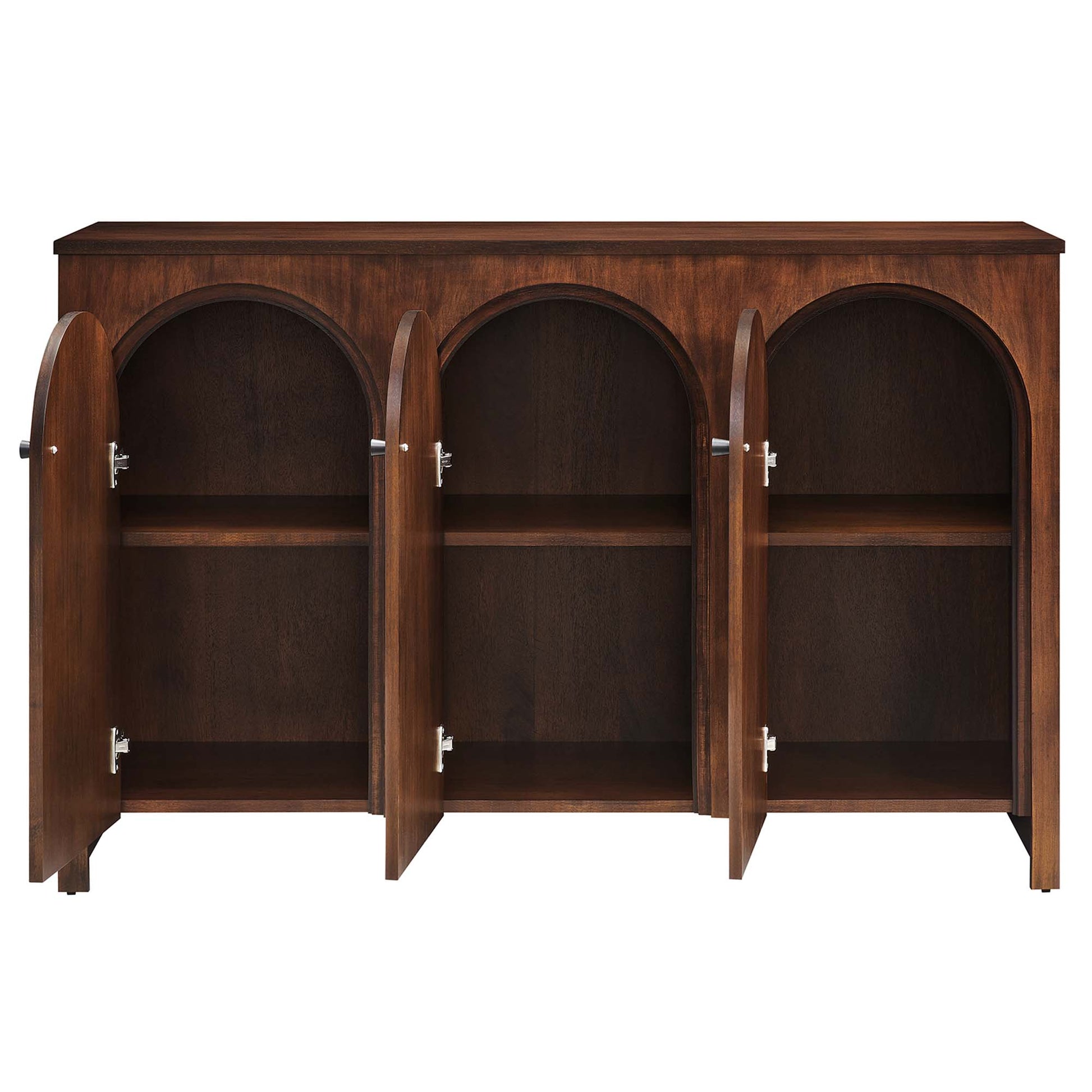 Dark walnut wood cabinet with three arched-door compartments and interior shelves for dining storage.