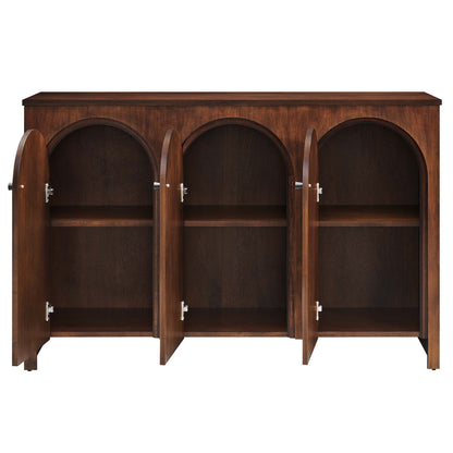 Dark walnut wood cabinet with three arched-door compartments and interior shelves for dining storage.
