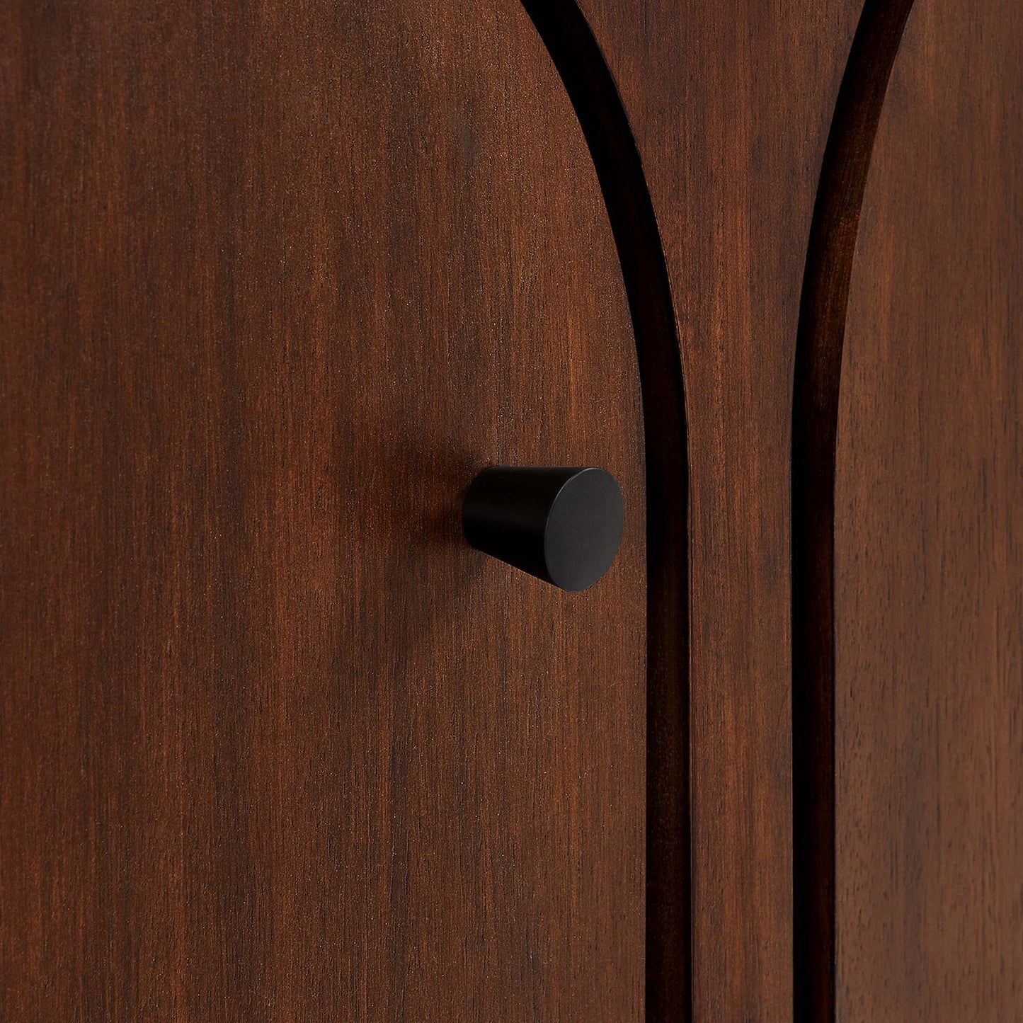 Dark walnut wood 3-door arched sideboard storage cabinet with a matte black cylindrical knob.