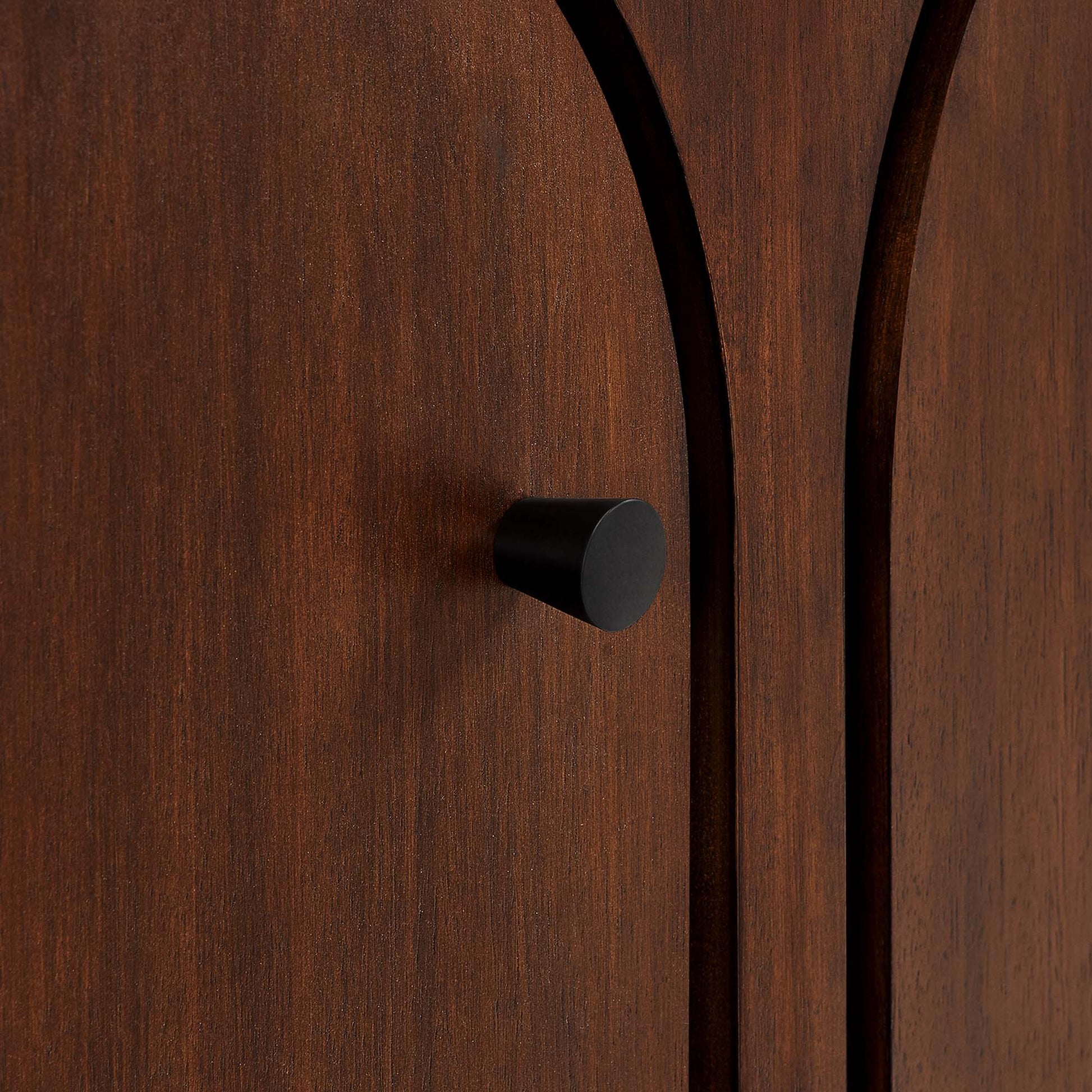 Dark walnut wood 3-door arched sideboard storage cabinet with a matte black cylindrical knob.