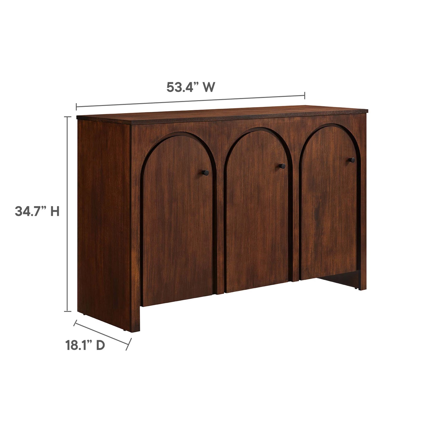 Walnut-finish wood sideboard with three arched cabinet doors and small knobs, 53.4W x 34.7H x 18.1D, versatile storage.