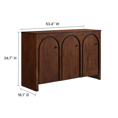 Walnut-finish wood sideboard with three arched cabinet doors and small knobs, 53.4W x 34.7H x 18.1D, versatile storage.