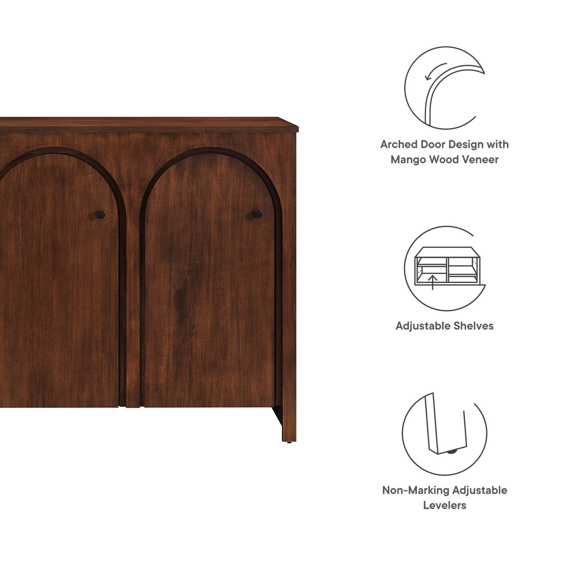 Walnut-finish cabinet with three arched mango-wood veneer doors, dark brown, adjustable shelves, non-marking levelers.