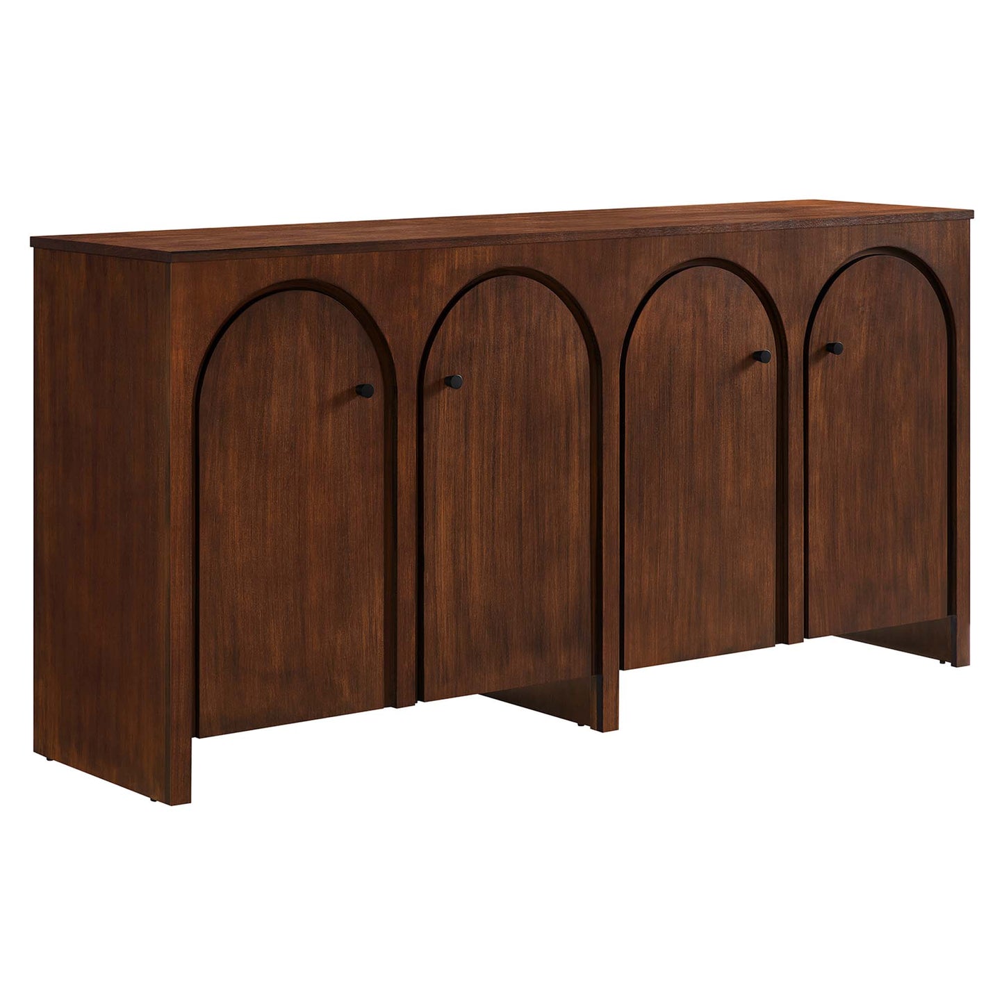 Wood-grain brown sideboard with four arched-door cabinets, black knobs, long flat top