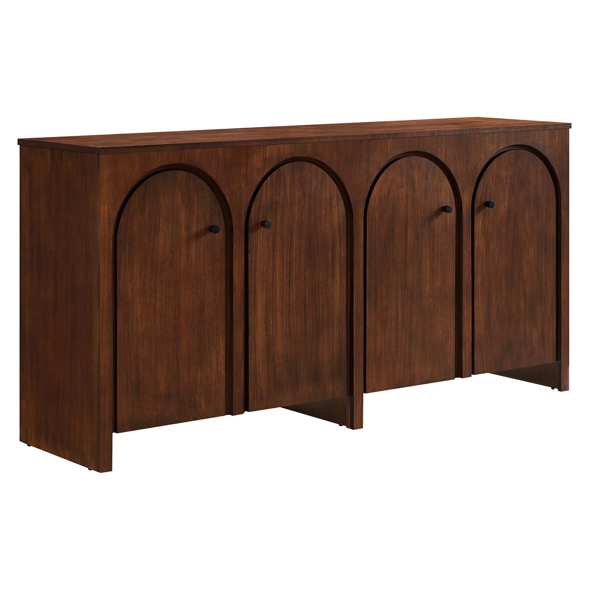 Wood-grain brown sideboard with four arched-door cabinets, black knobs, long flat top