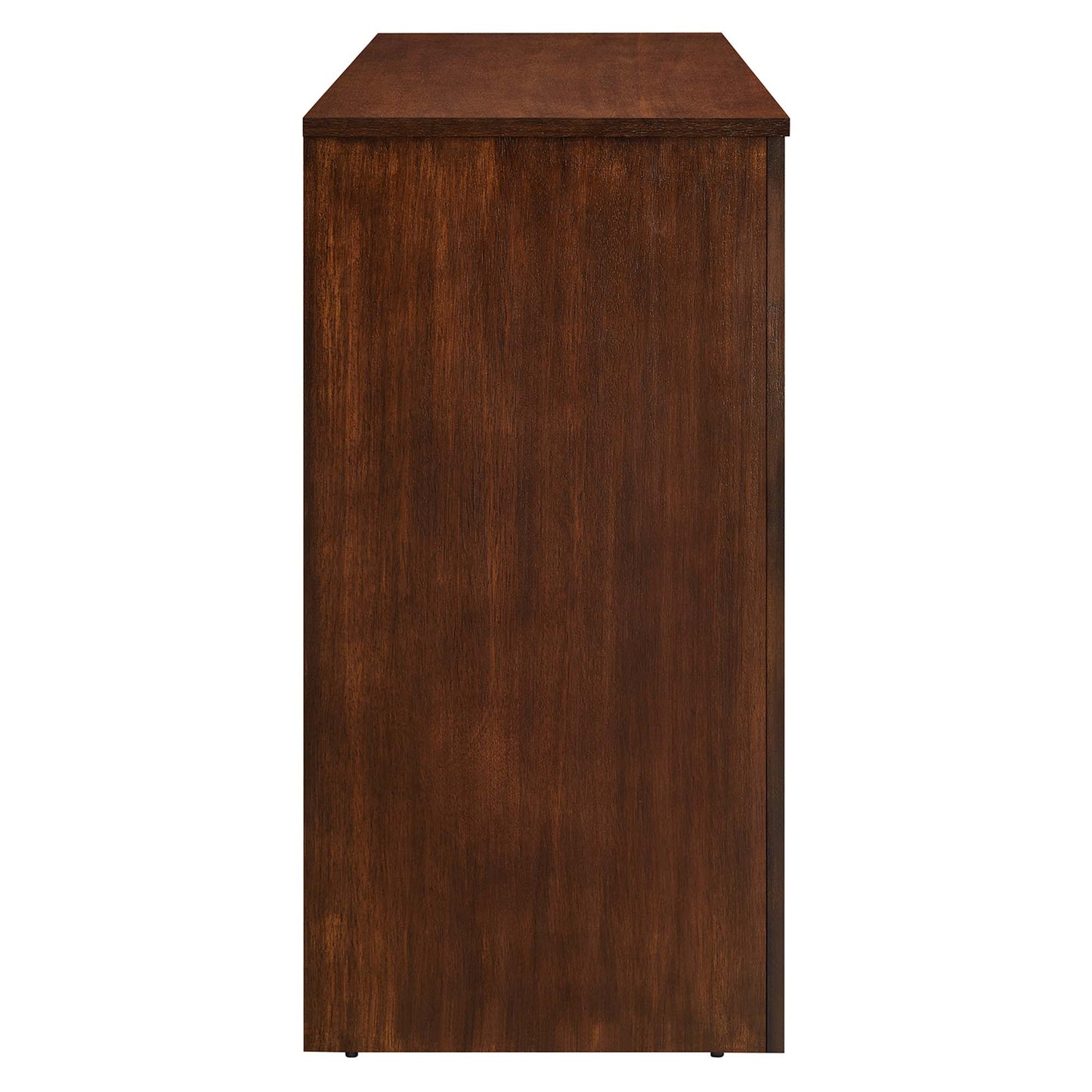 Dark walnut wood grain sideboard with four doors, flat top and smooth front for minimalist storage.