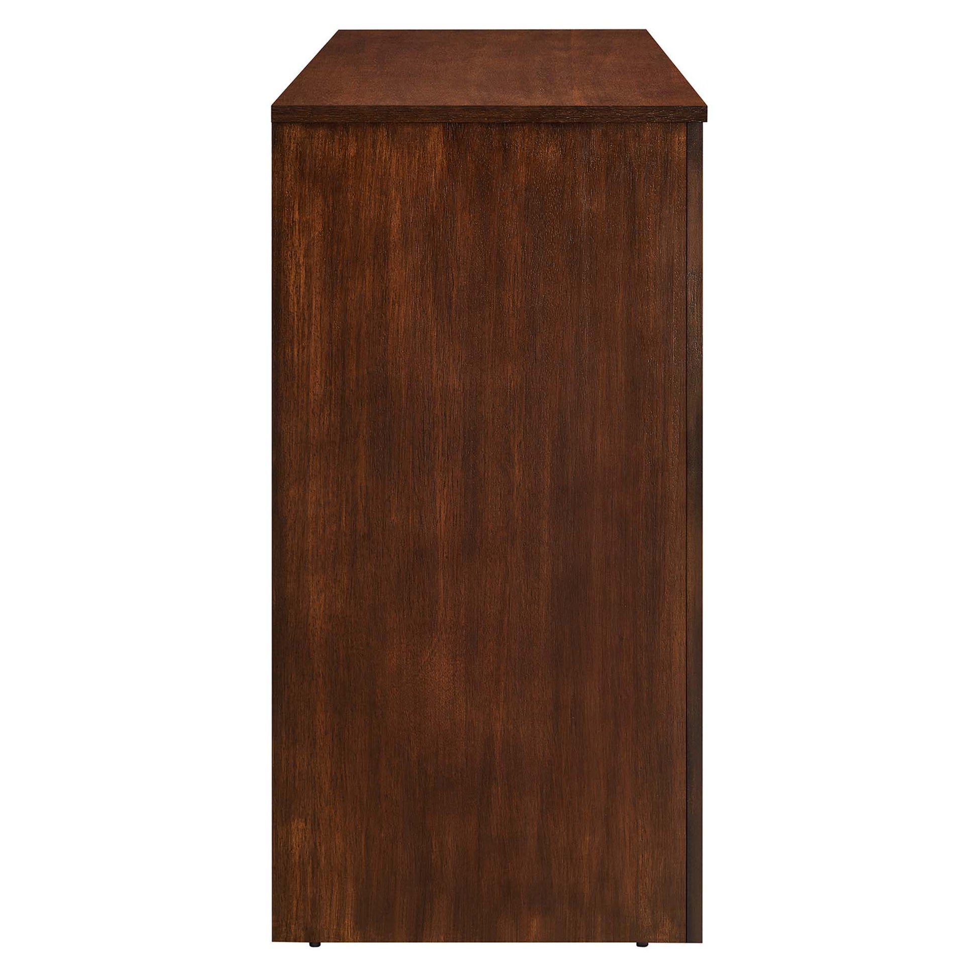 Dark walnut wood grain sideboard with four doors, flat top and smooth front for minimalist storage.