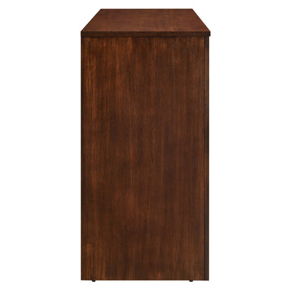 Dark walnut wood grain sideboard with four doors, flat top and smooth front for minimalist storage.
