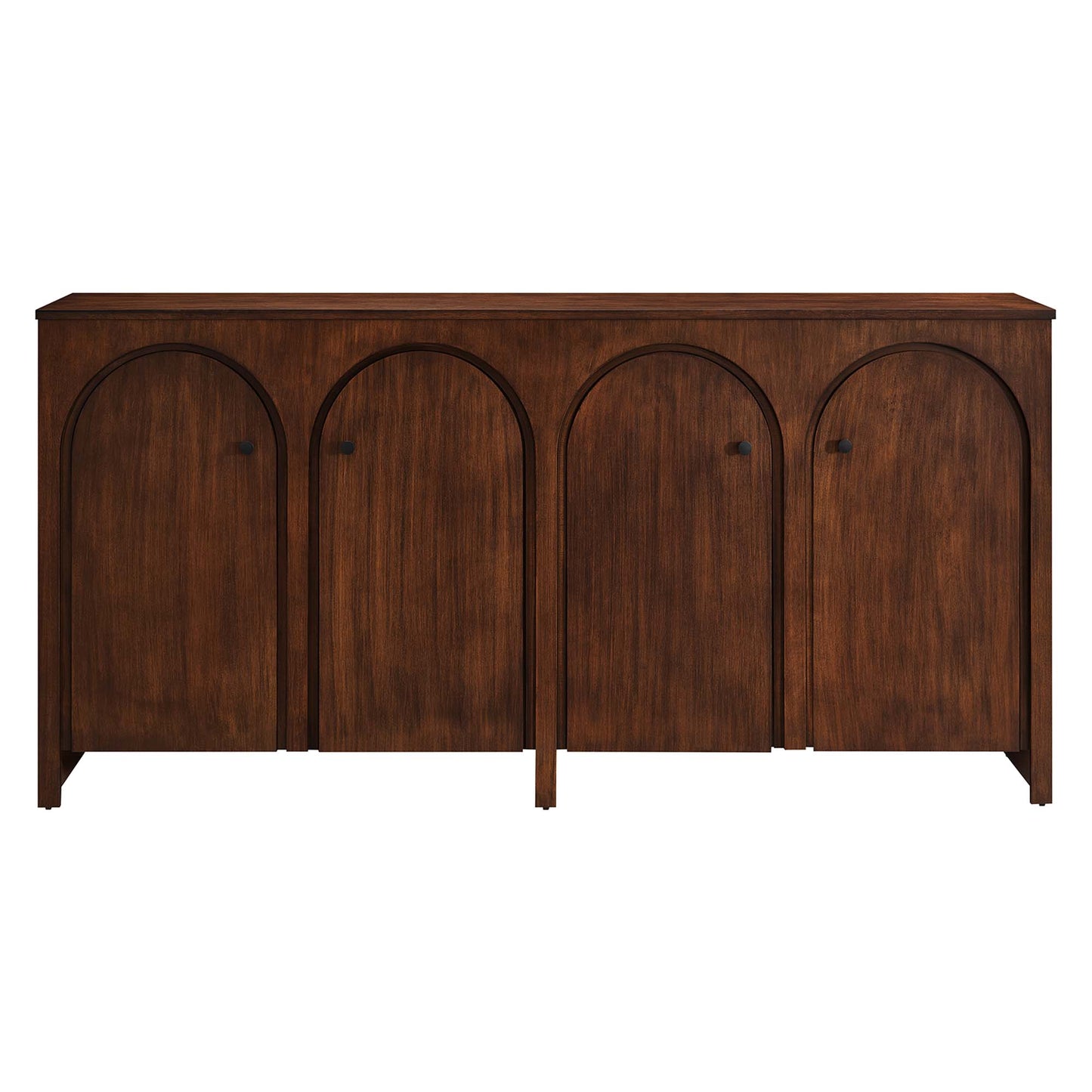 Dark walnut wood four-door sideboard with arched-panel doors & small knobs, mid-century storage console.