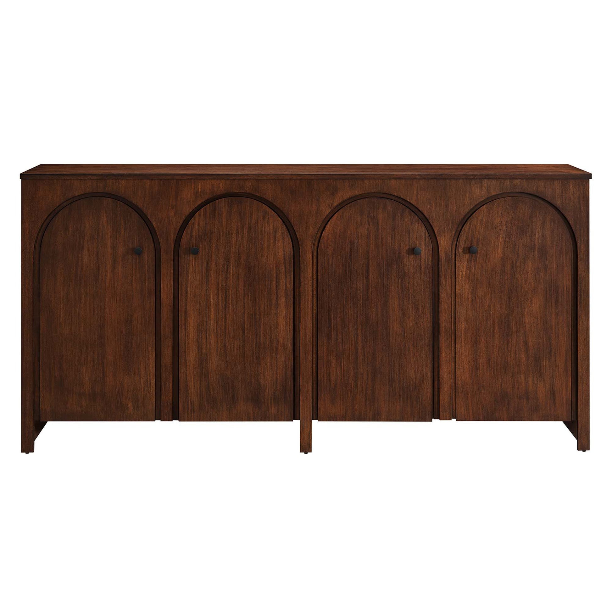 Dark walnut wood four-door sideboard with arched-panel doors & small knobs, mid-century storage console.
