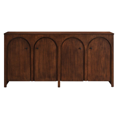 Dark walnut wood four-door sideboard with arched-panel doors & small knobs, mid-century storage console.