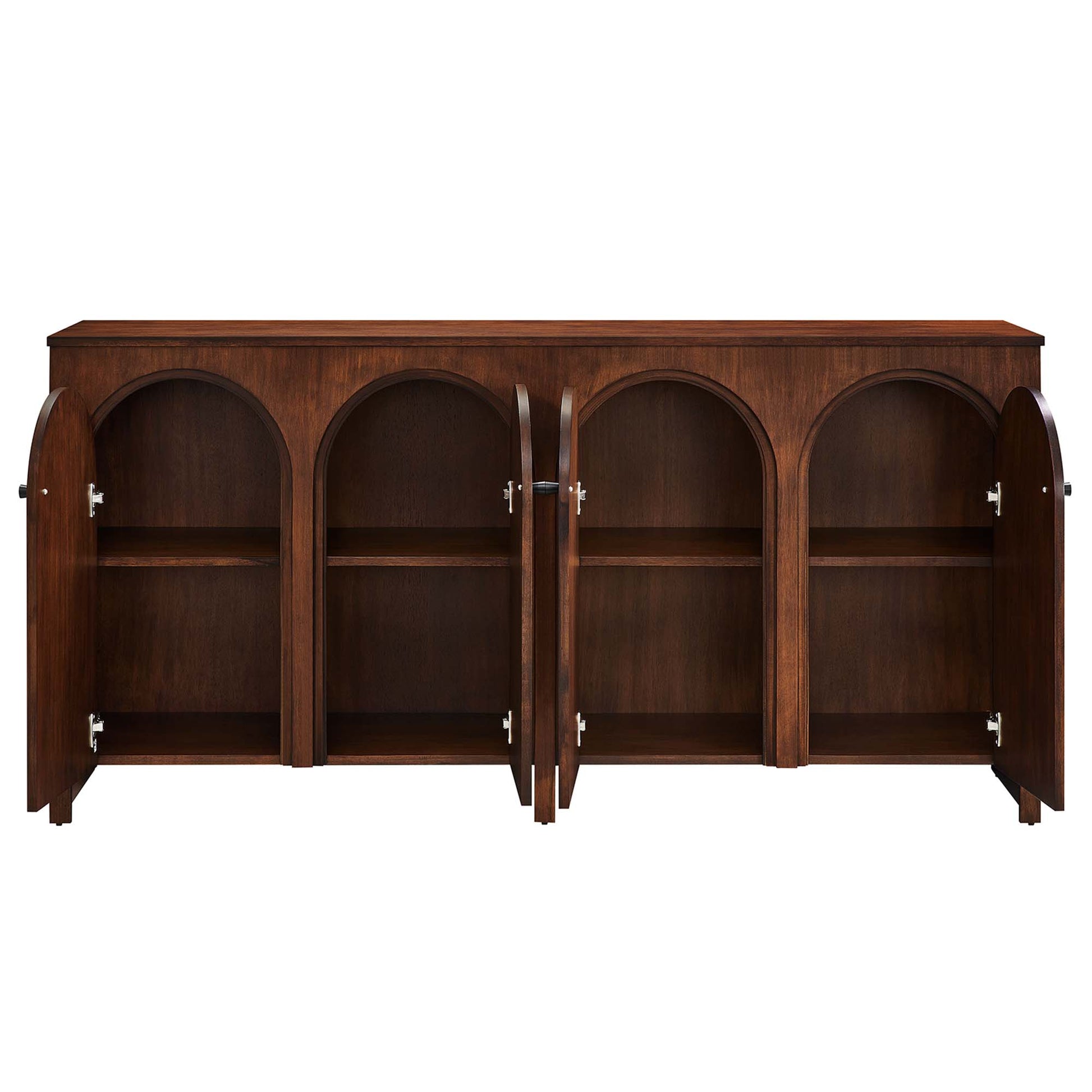 Dark walnut wood sideboard with four cabinet doors opened to reveal two shelves per section.