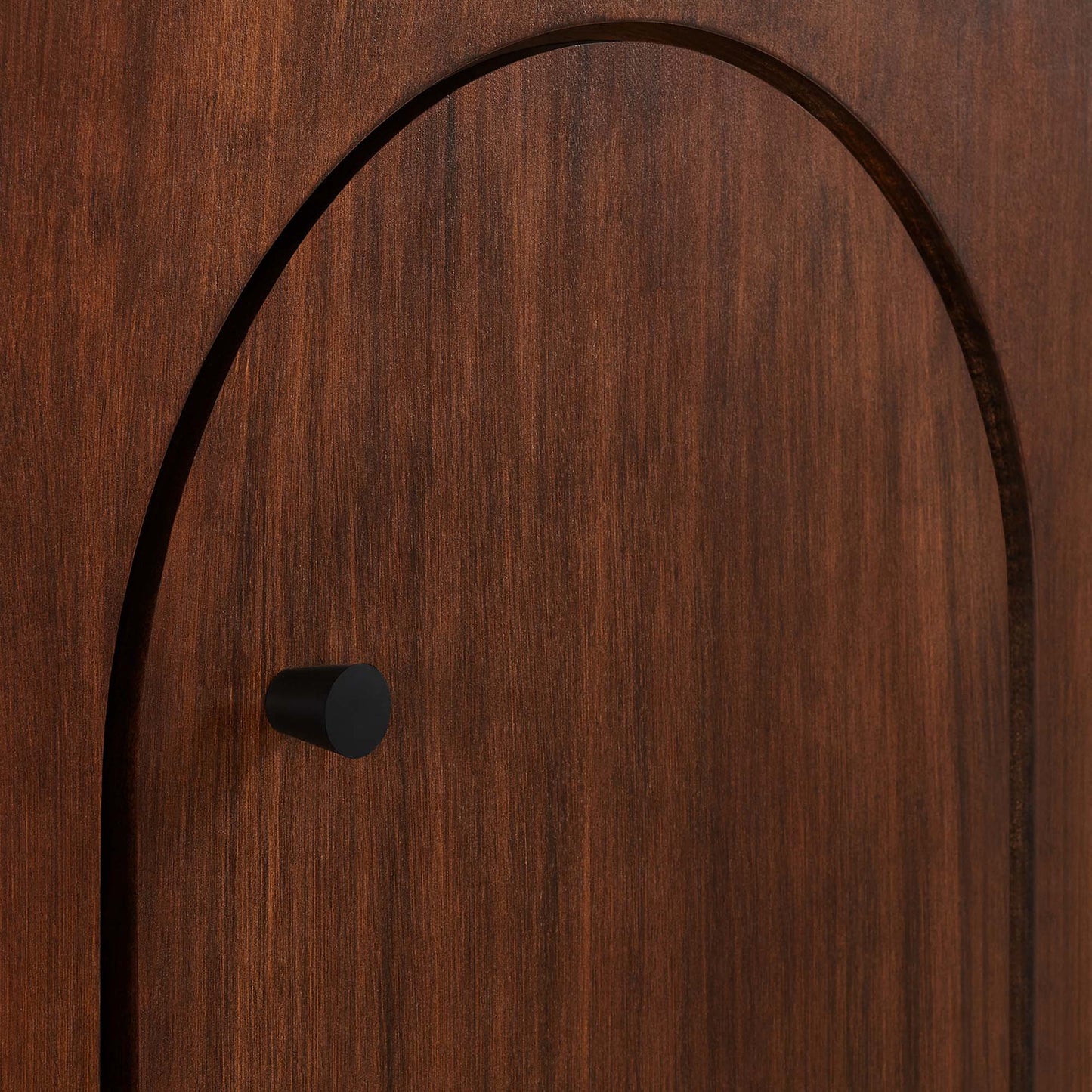 Walnut wood grain 4-door sideboard with arched panel doors and small matte black cylindrical knobs.