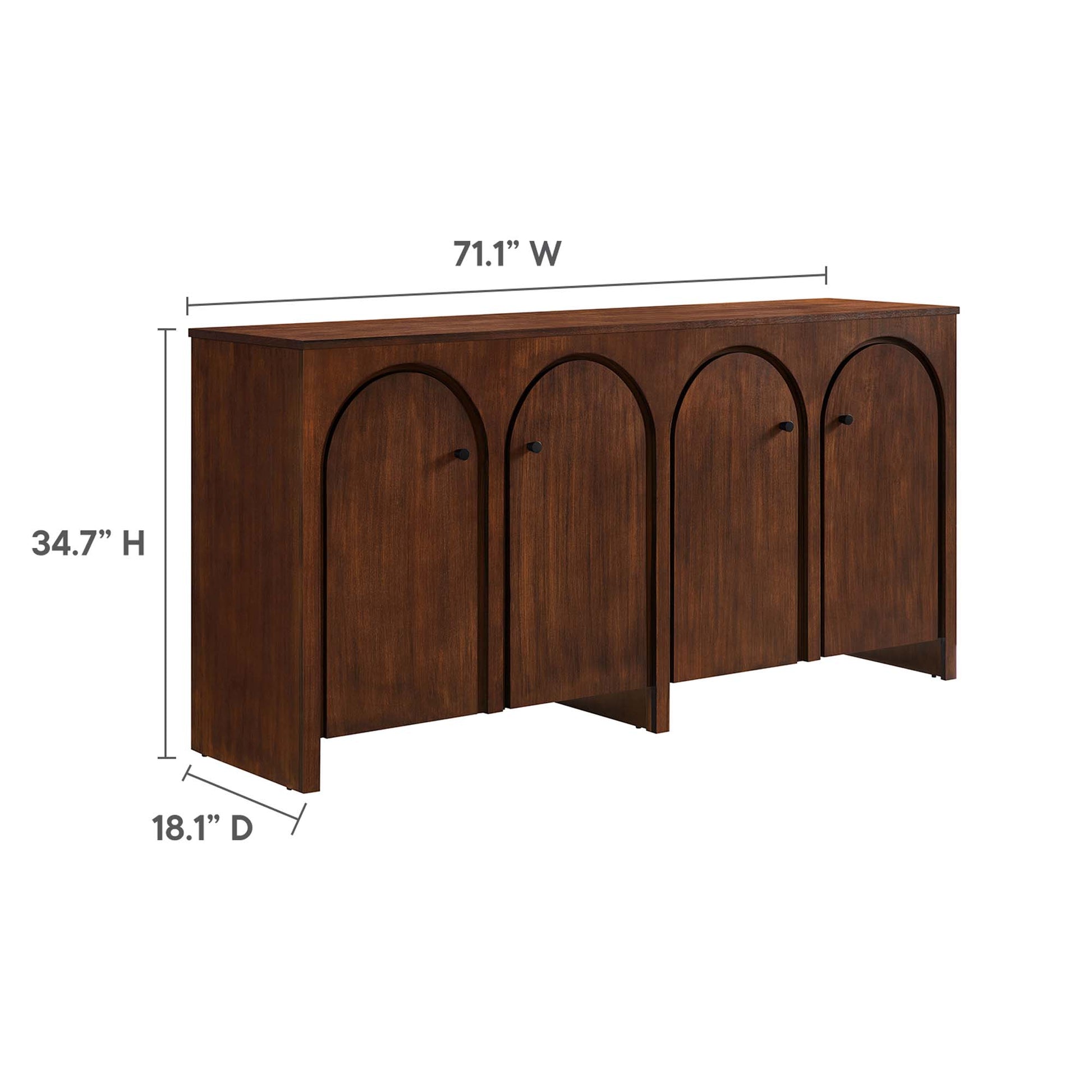 Walnut-finish sideboard with four arched-panel doors, long rectangular top and sturdy legs for storage.