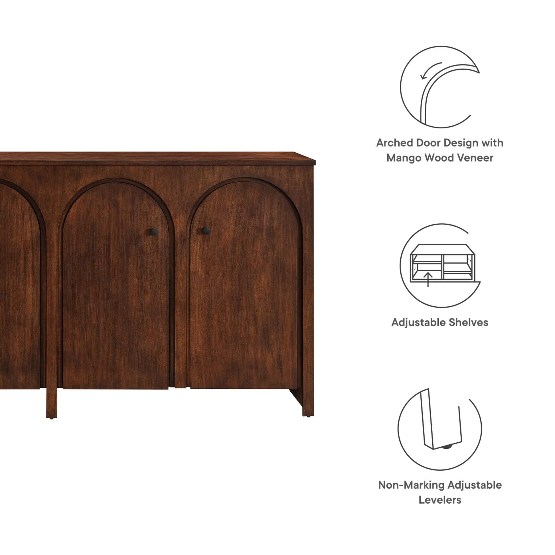 Walnut finish mango wood veneer cabinet with three arched doors, sideboard storage.