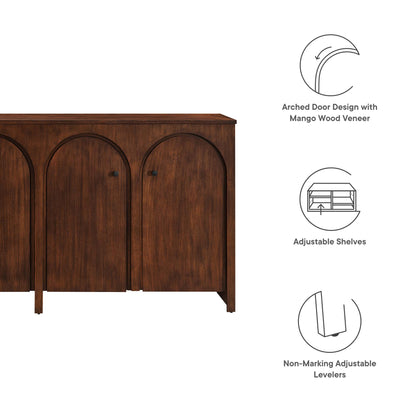 Walnut finish mango wood veneer cabinet with three arched doors, sideboard storage.