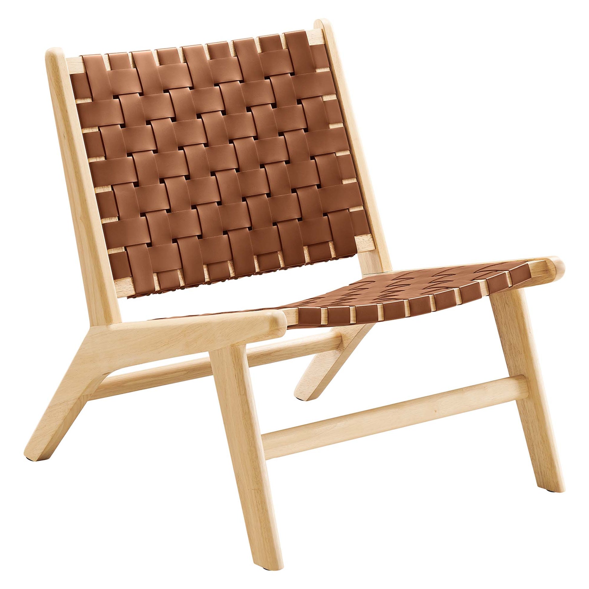 Natural wood-frame lounge chair with brown woven leather straps on seat and back.