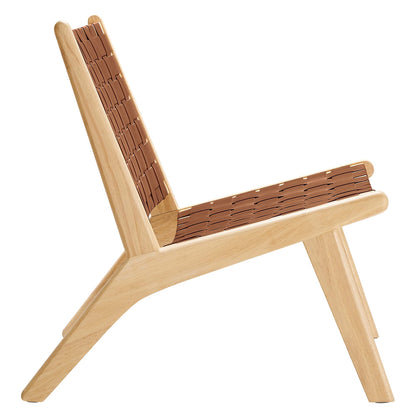 Leather-wood accent lounge chair with brown woven leather straps on the seat and backrest, angled legs.