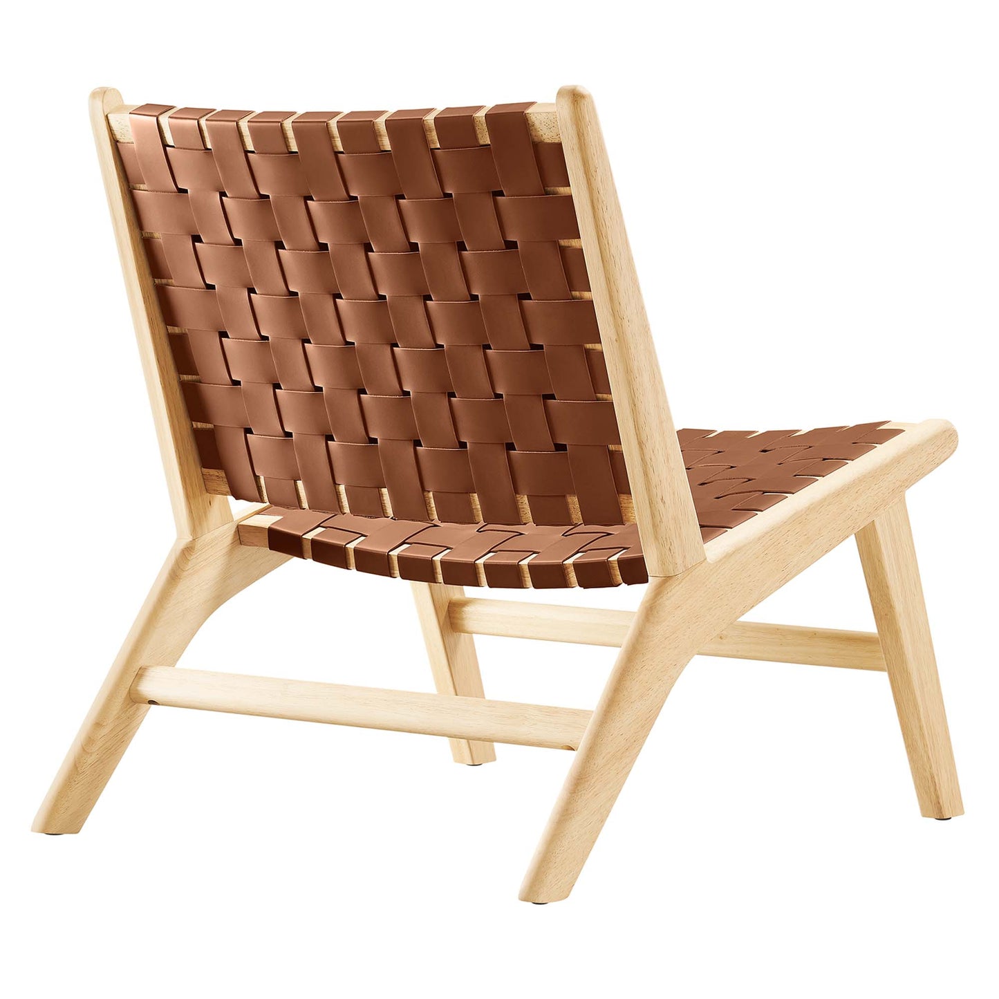 Natural wood lounge chair with brown woven leather strap seat and backrest.