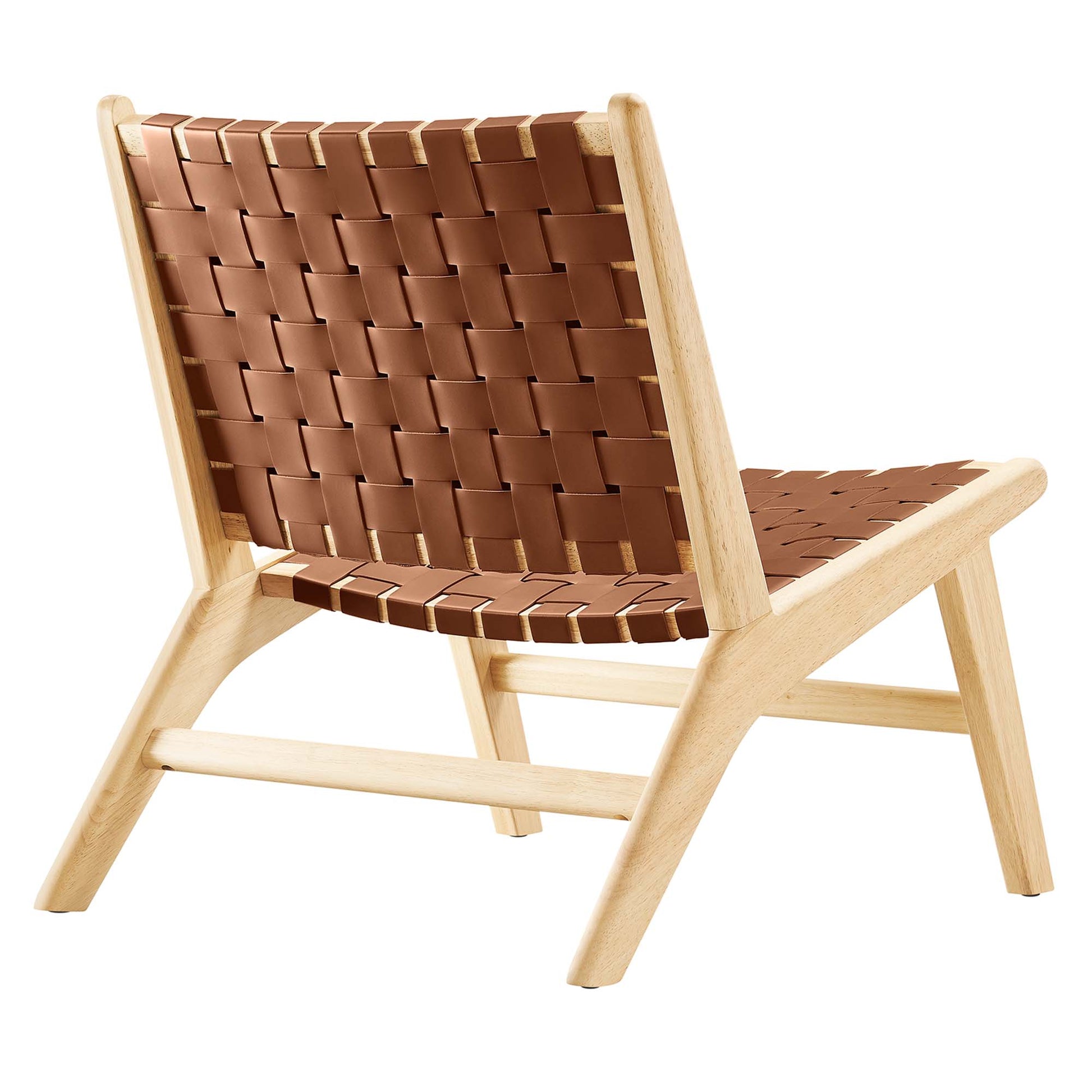 Natural wood lounge chair with brown woven leather strap seat and backrest.
