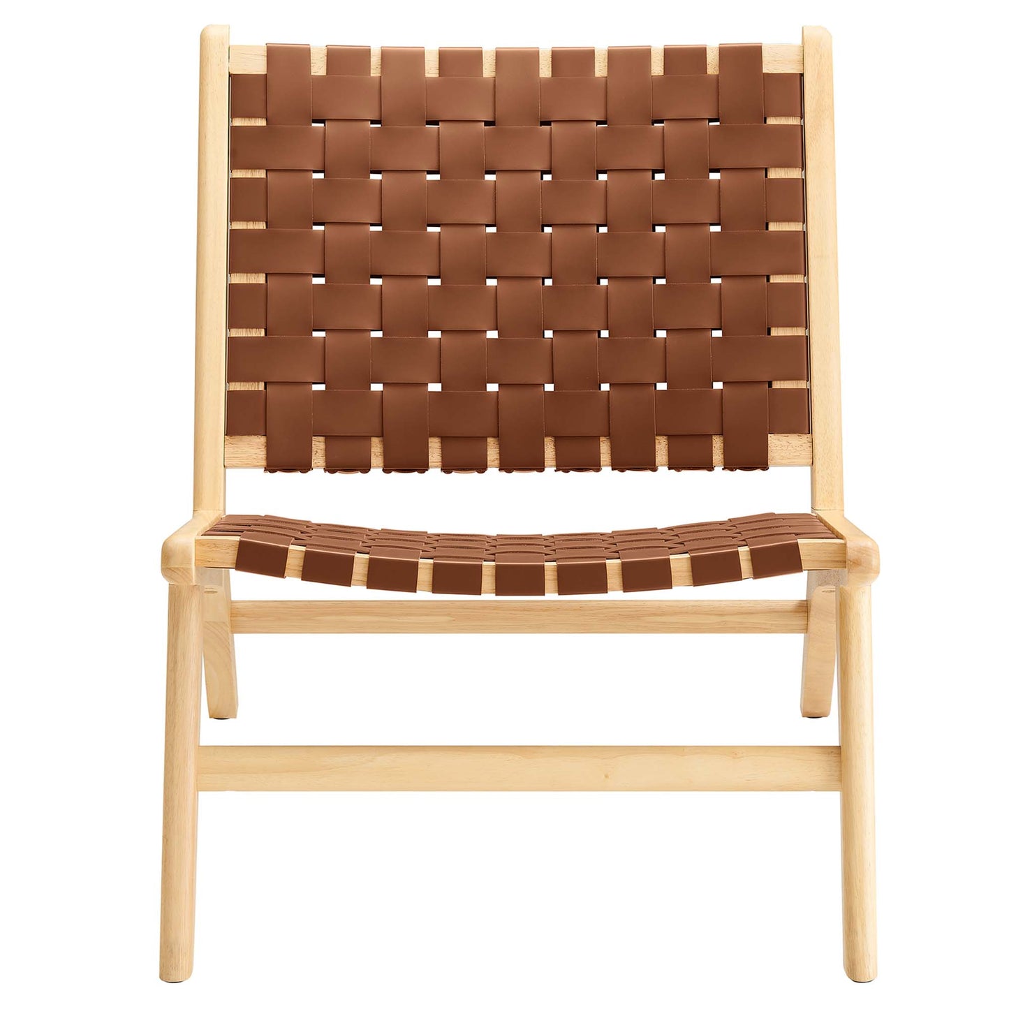 Natural wood-framed lounge chair with brown woven leather straps forming a grid backrest and curved seat.