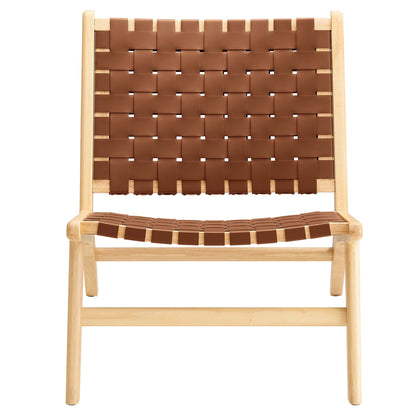 Natural wood-framed lounge chair with brown woven leather straps forming a grid backrest and curved seat.