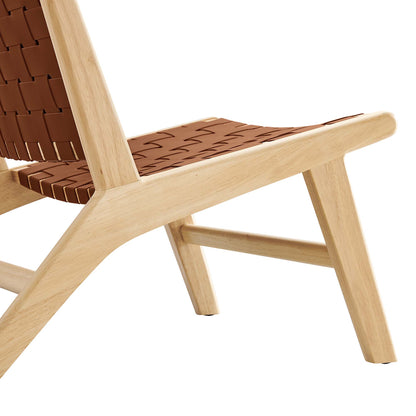 Natural wood lounge chair with brown leather seat and back and a mid-century angular frame.