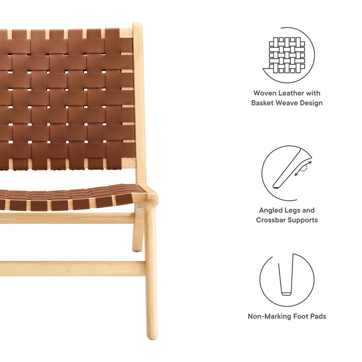 Natural wood chair with brown woven leather basket-weave back and seat; angled legs and crossbar supports.